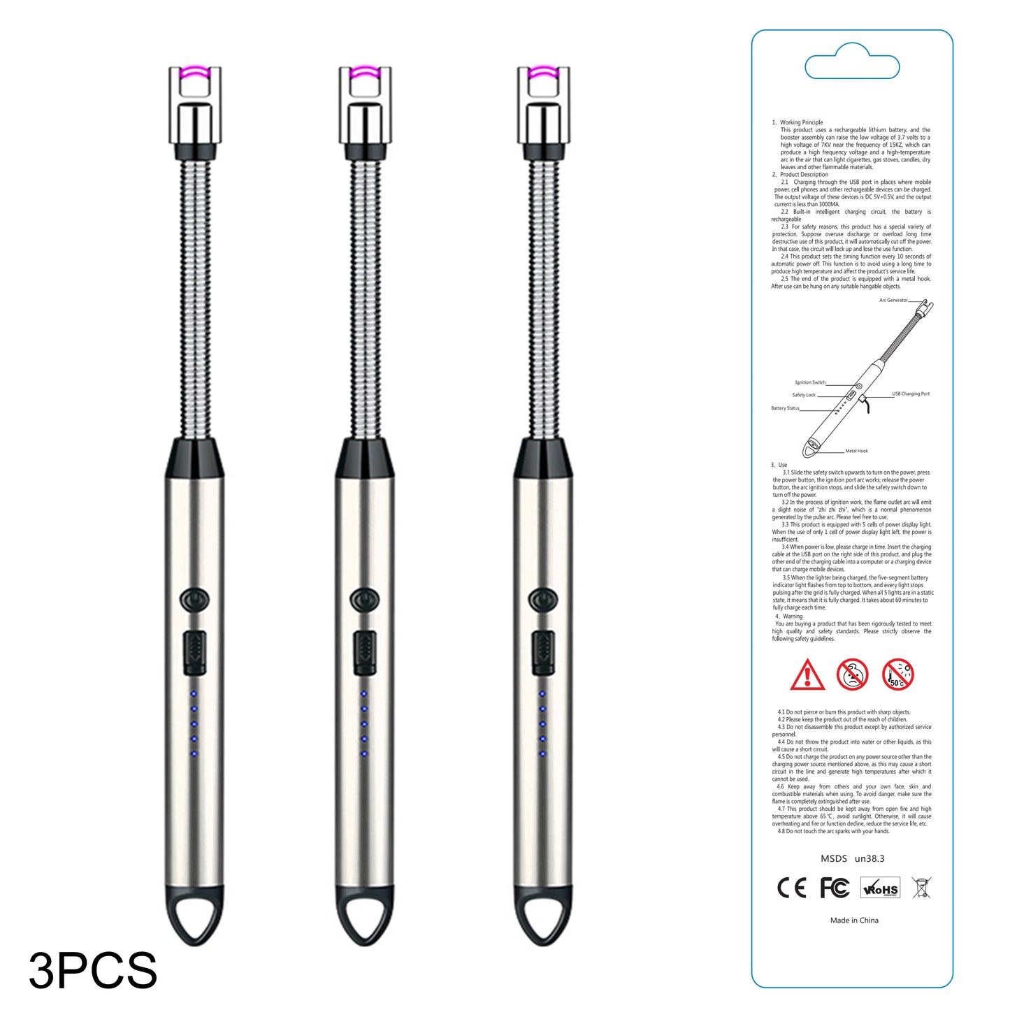 3 - Electric Lighters, Plasma Arc Rechargeable, Windproof