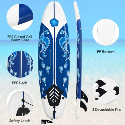 6' Surfboard Beginner Board for Kids, Foamier Board with Removable Fins