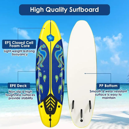 Kids Lightweight Foam Surfboard 6 Ft With 3 Detachable Fins