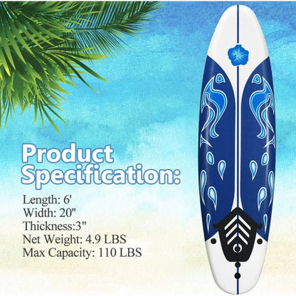 6' Surfboard Beginner Board for Kids, Foamier Board with Removable Fins