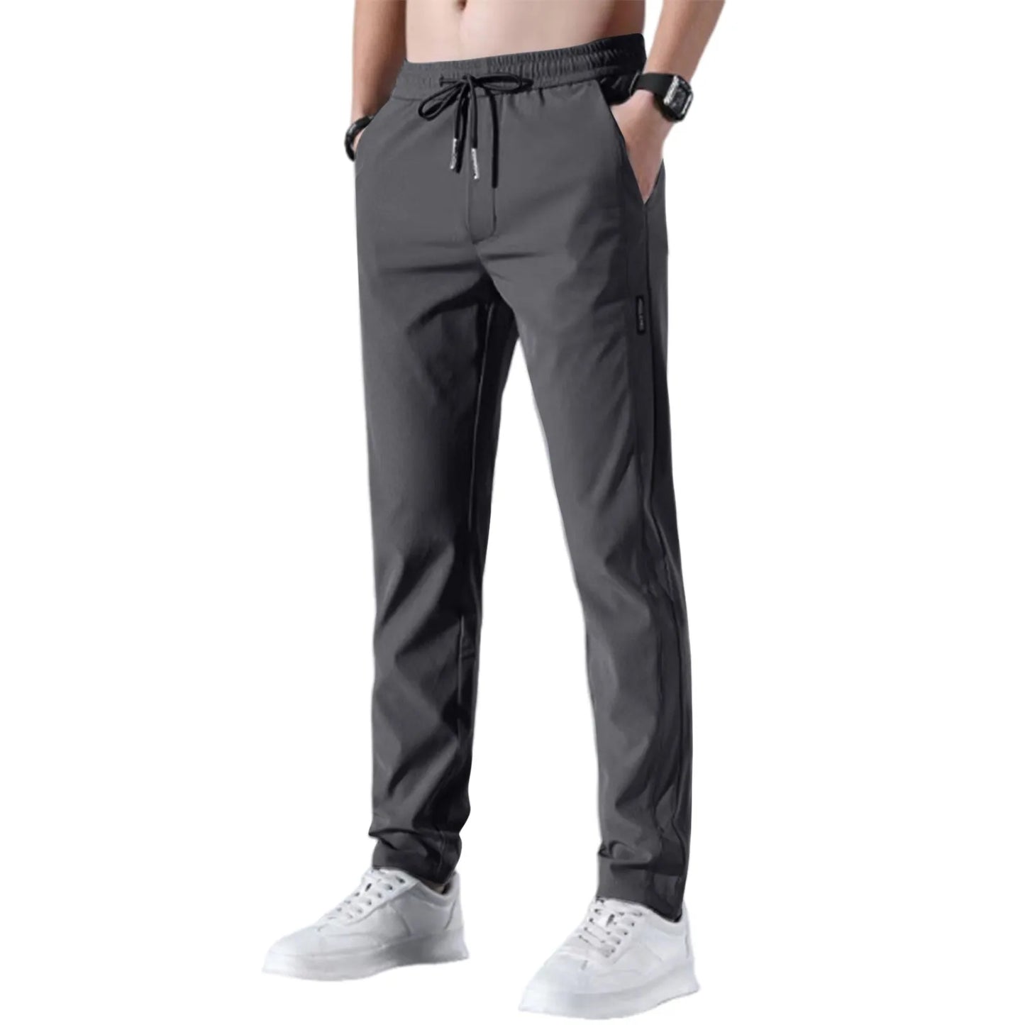 Men Fast Dry Stretch Pants Silk Solid Color Mid-Waist